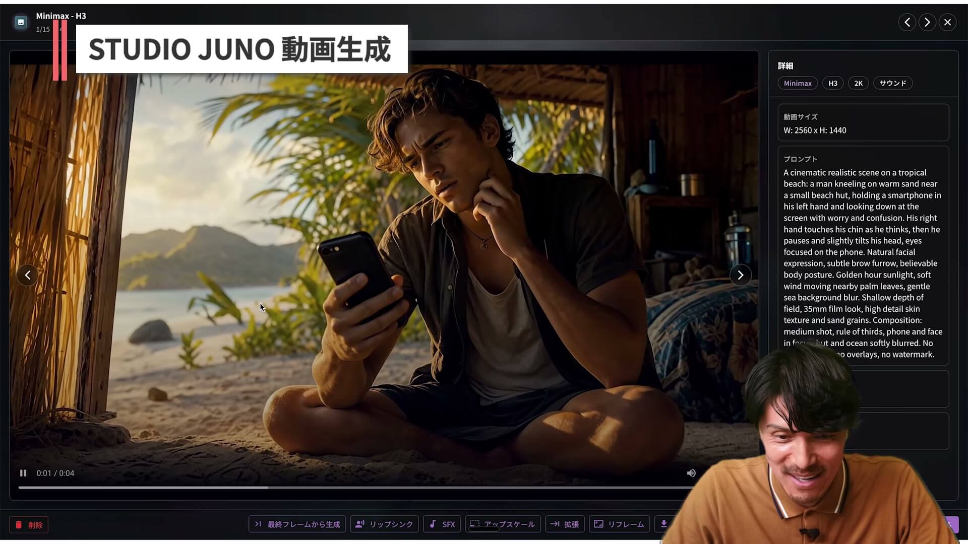 Studio JunoのMiniMax H3で生成した、南の島の小屋で砂浜に座りスマホを見て悩む男性の映像と、生成に使った英語プロンプトの画面